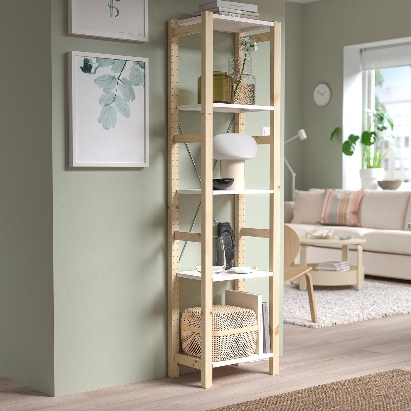 Rustiframe, Shelving unit, pine/metal white, 48x30x179 cm